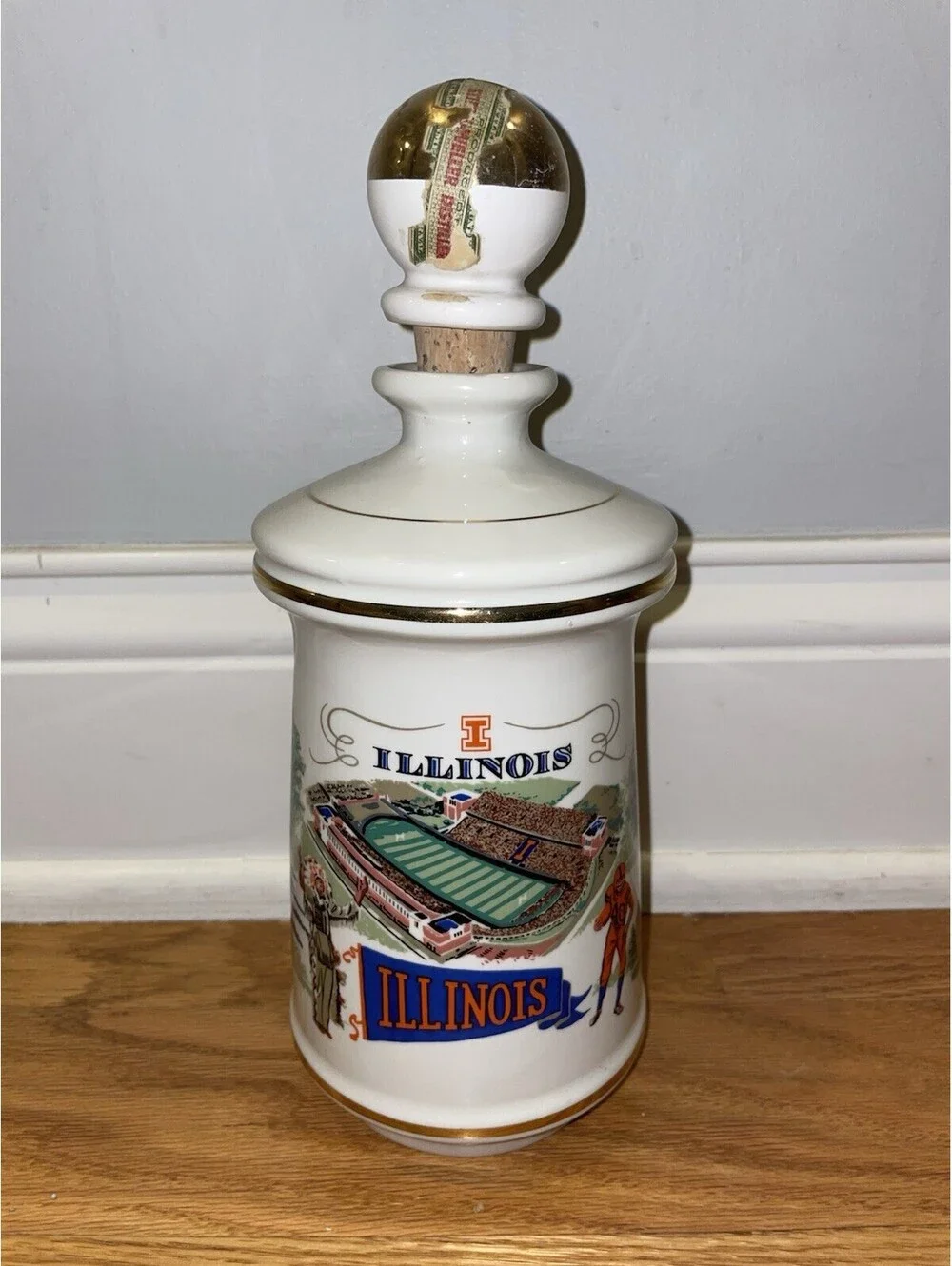 Old Fitzgerald Chief Illini Illinois Football Decanter Porcelain 1970s